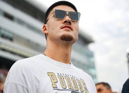 Sep 22, 2023; West Lafayette, Indiana, USA;  Purdue Boilermakers men's basketball player Zach Edey is seen prior to the game at Ross-Ade Stadium. Mandatory Credit: Robert Goddin-USA TODAY Sports