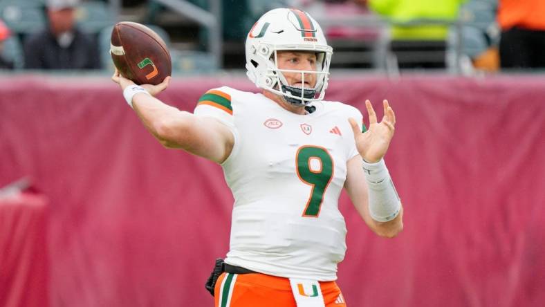 Sep 23, 2023; Philadelphia, Pennsylvania, USA; Miami Hurricanes quarterback Tyler Van Dyke (9) warms up prior to the game against the Temple Owls at Lincoln Financial Field. Mandatory Credit: Andy Lewis-USA TODAY Sports