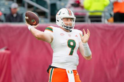 Sep 23, 2023; Philadelphia, Pennsylvania, USA; Miami Hurricanes quarterback Tyler Van Dyke (9) warms up prior to the game against the Temple Owls at Lincoln Financial Field. Mandatory Credit: Andy Lewis-USA TODAY Sports