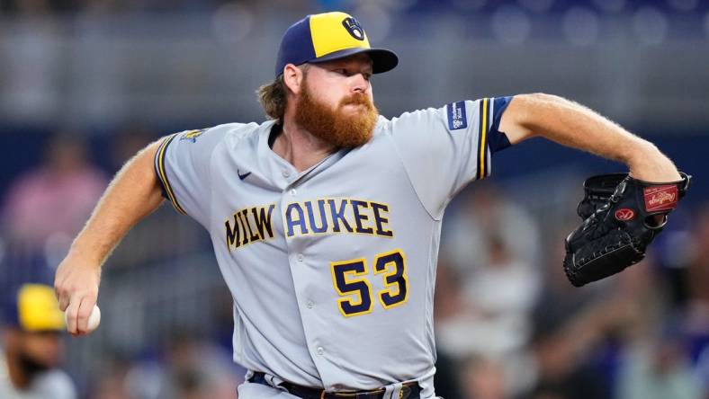 Sep 23, 2023; Miami, Florida, USA; Milwaukee Brewers starting pitcher Brandon Woodruff (53) throws a pitch against the Miami Marlins during the first inning at loanDepot Park. Mandatory Credit: Rich Storry-USA TODAY Sports