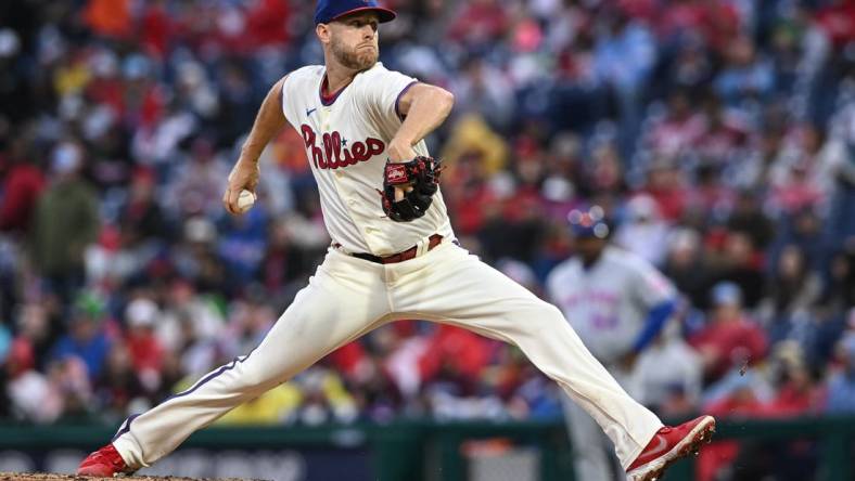 Sep 23, 2023; Philadelphia, Pennsylvania, USA;  Philadelphia Phillies starting pitcher Zack Wheeler (45) pitches in the seventh inning against the New York Mets at Citizens Bank Park. Philadelphia won 7-5. Mandatory Credit: John Geliebter-USA TODAY Sports