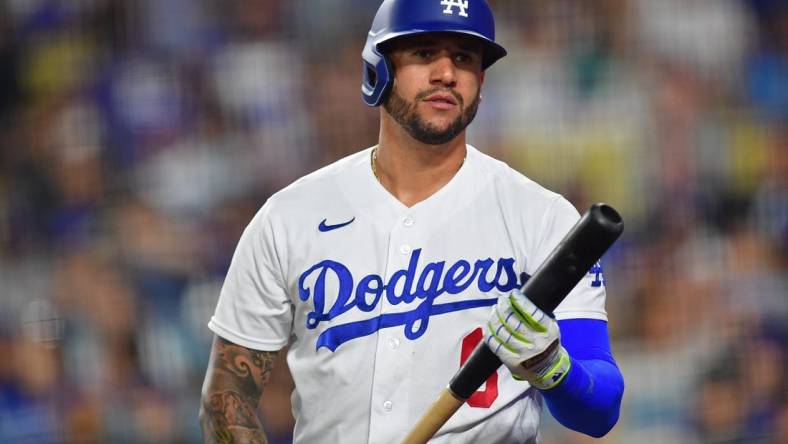 Sep 23, 2023; Los Angeles, California, USA; Los Angeles Dodgers left fielder David Peralta (6) waits on deck before hitting against the San Francisco Giants during the fourth inning at Dodger Stadium. Mandatory Credit: Gary A. Vasquez-USA TODAY Sports