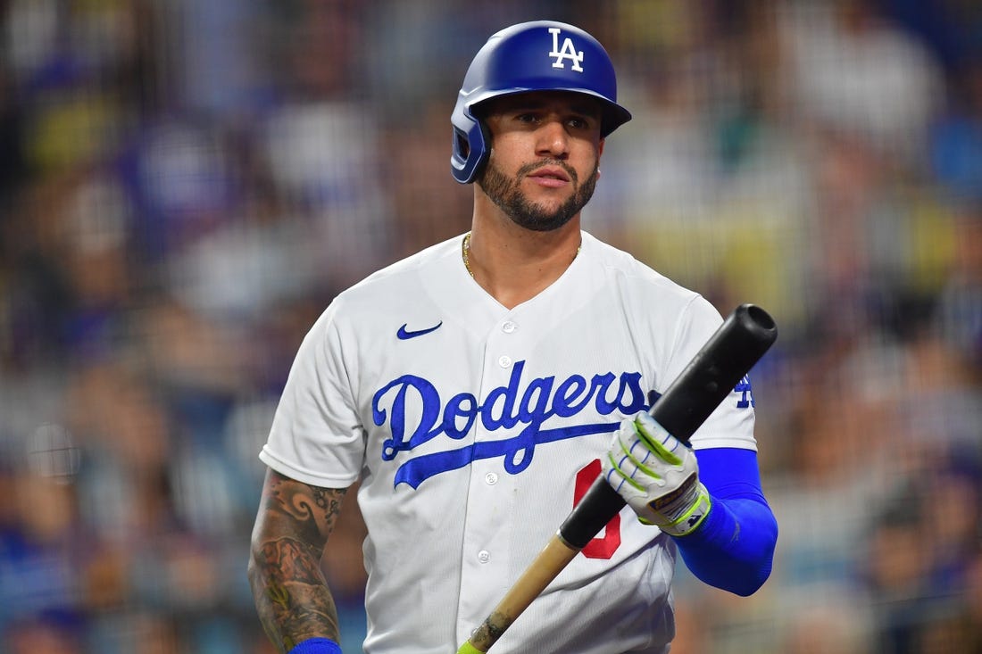 Sep 23, 2023; Los Angeles, California, USA; Los Angeles Dodgers left fielder David Peralta (6) waits on deck before hitting against the San Francisco Giants during the fourth inning at Dodger Stadium. Mandatory Credit: Gary A. Vasquez-USA TODAY Sports