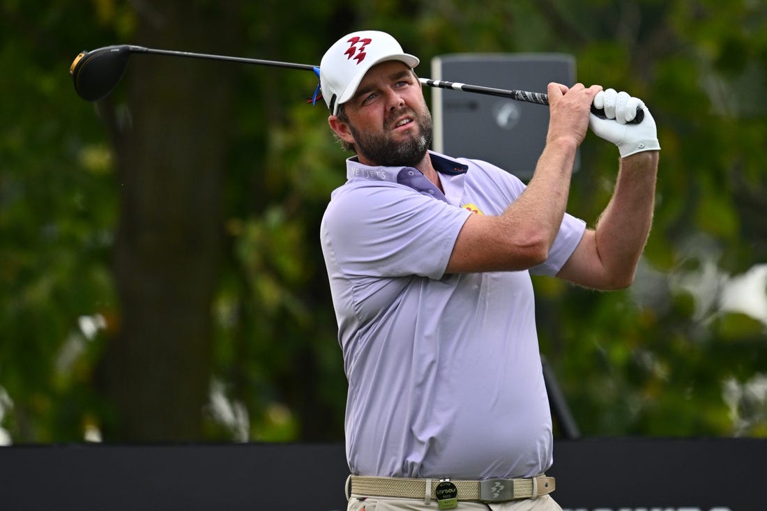 Sep 24, 2023; Sugar Grove, Illinois, USA; Marc Leishman tees off from the 11th tee during the final round of the LIV Golf Chicago golf tournament at Rich Harvest Farms. Mandatory Credit: Jamie Sabau-USA TODAY Sports