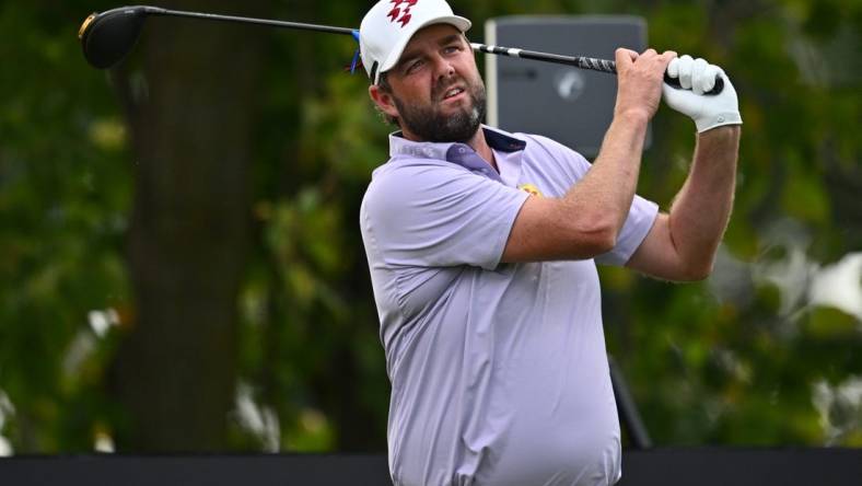 Sep 24, 2023; Sugar Grove, Illinois, USA; Marc Leishman tees off from the 11th tee during the final round of the LIV Golf Chicago golf tournament at Rich Harvest Farms. Mandatory Credit: Jamie Sabau-USA TODAY Sports