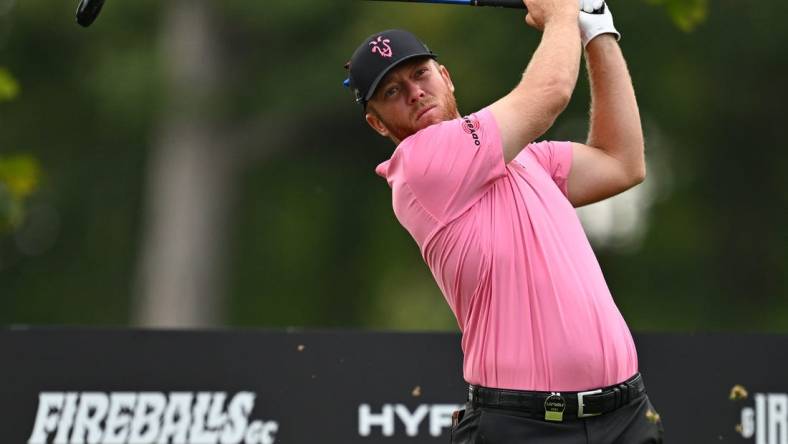 Sep 24, 2023; Sugar Grove, Illinois, USA; Talor Gooch tees off from the 11th tee during the final round of the LIV Golf Chicago golf tournament at Rich Harvest Farms. Mandatory Credit: Jamie Sabau-USA TODAY Sports