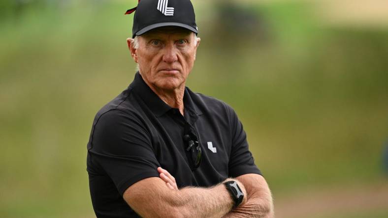 Sep 24, 2023; Sugar Grove, Illinois, USA; Greg Norman watches the action on the 11th green during the final round of the LIV Golf Chicago golf tournament at Rich Harvest Farms. Mandatory Credit: Jamie Sabau-USA TODAY Sports