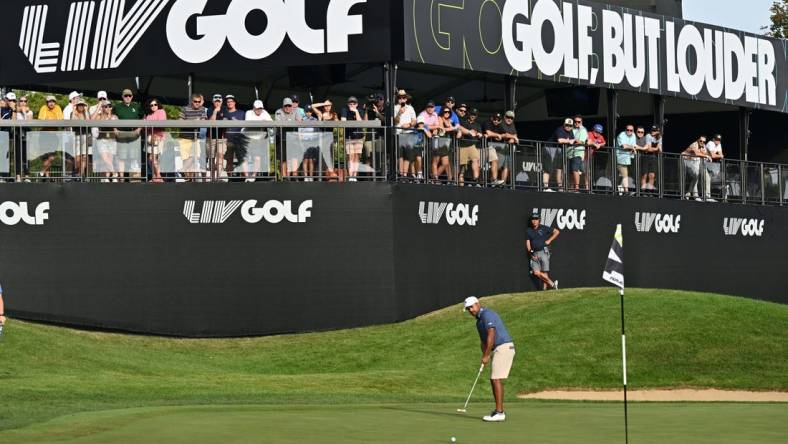 Sep 24, 2023; Sugar Grove, Illinois, USA; Anirban Lahiri putts on the 16th green during the final round of the LIV Golf Chicago golf tournament at Rich Harvest Farms. Mandatory Credit: Jamie Sabau-USA TODAY Sports