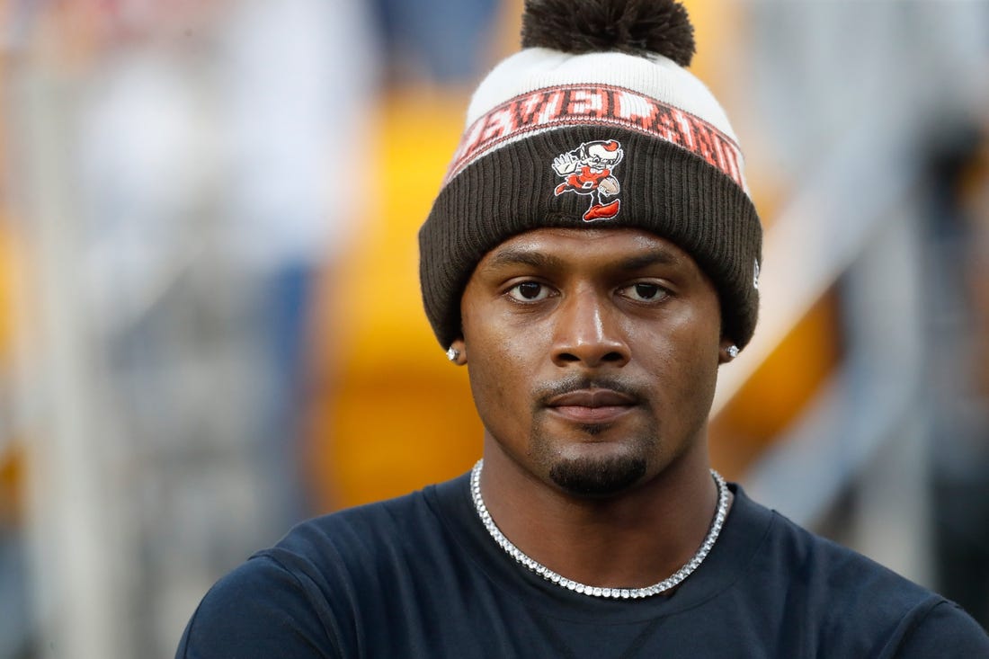 Sep 18, 2023; Pittsburgh, Pennsylvania, USA;  Cleveland Browns quarterback Deshaun Watson (4) looks on before the game against the Pittsburgh Steelers at Acrisure Stadium. Mandatory Credit: Charles LeClaire-USA TODAY Sports