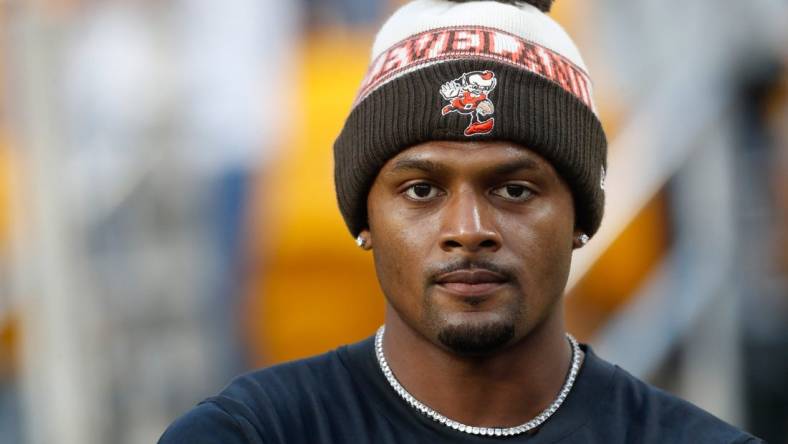 Sep 18, 2023; Pittsburgh, Pennsylvania, USA;  Cleveland Browns quarterback Deshaun Watson (4) looks on before the game against the Pittsburgh Steelers at Acrisure Stadium. Mandatory Credit: Charles LeClaire-USA TODAY Sports