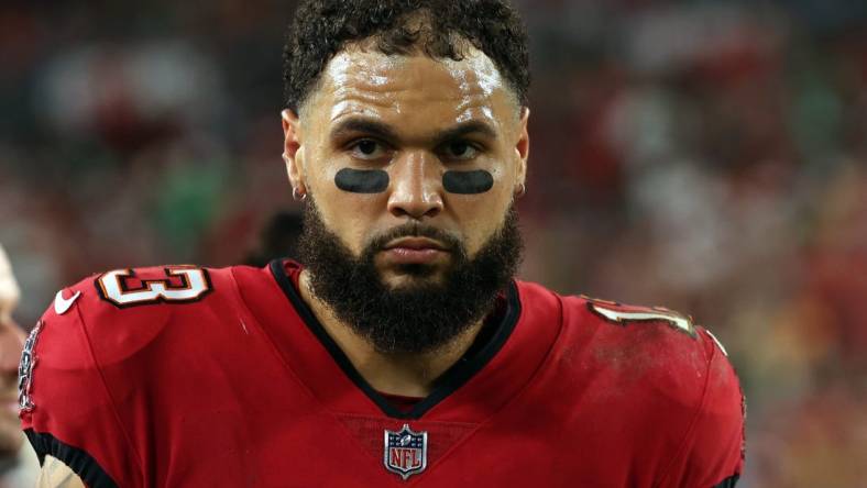 Sep 25, 2023; Tampa, Florida, USA; Tampa Bay Buccaneers wide receiver Mike Evans (13) looks on against the Philadelphia Eagles during the first half at Raymond James Stadium. Mandatory Credit: Kim Klement Neitzel-USA TODAY Sports