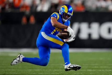 Sep 25, 2023; Cincinnati, Ohio, USA; Los Angeles Rams wide receiver Puka Nacua (17) catches a pass in the second quarter of the NFL Week 3 game between the Cincinnati Bengals and the Los Angeles Rams at Paycor Stadium. Mandatory Credit: Sam Greene-USA TODAY Sports