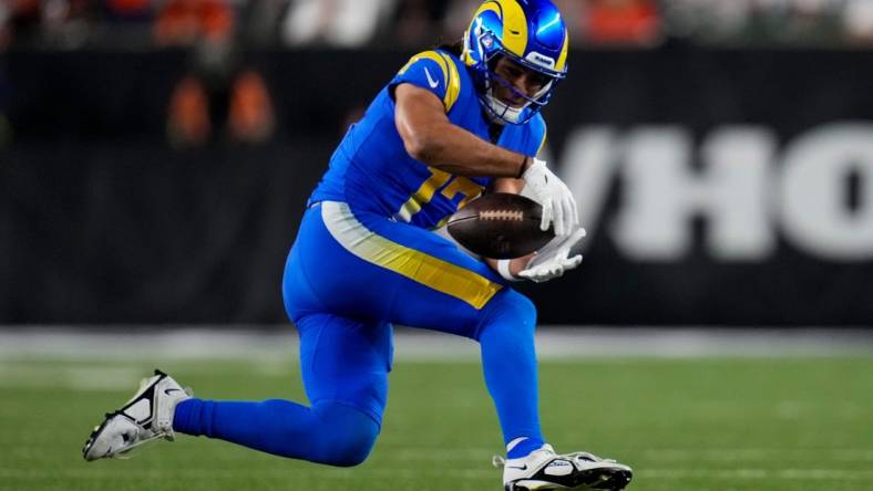 Sep 25, 2023; Cincinnati, Ohio, USA; Los Angeles Rams wide receiver Puka Nacua (17) catches a pass in the second quarter of the NFL Week 3 game between the Cincinnati Bengals and the Los Angeles Rams at Paycor Stadium. Mandatory Credit: Sam Greene-USA TODAY Sports