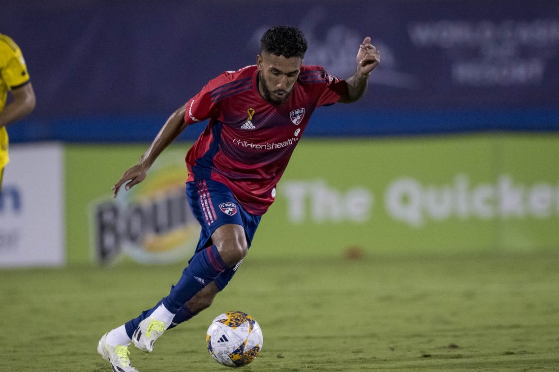 Sep 23, 2023; Frisco, Texas, USA; FC Dallas forward Jesus Ferreira (10) in action during the game between FC Dallas and the Columbus Crew at Toyota Stadium. Mandatory Credit: Jerome Miron-USA TODAY Sports