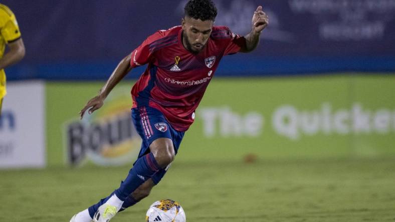 Sep 23, 2023; Frisco, Texas, USA; FC Dallas forward Jesus Ferreira (10) in action during the game between FC Dallas and the Columbus Crew at Toyota Stadium. Mandatory Credit: Jerome Miron-USA TODAY Sports