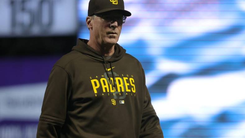 Sep 25, 2023; San Francisco, California, USA; San Diego Padres manager Bob Melvin (3) walks off the field during the eighth inning against the San Francisco Giants at Oracle Park. Mandatory Credit: Sergio Estrada-USA TODAY Sports