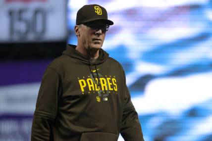 Sep 25, 2023; San Francisco, California, USA; San Diego Padres manager Bob Melvin (3) walks off the field during the eighth inning against the San Francisco Giants at Oracle Park. Mandatory Credit: Sergio Estrada-USA TODAY Sports