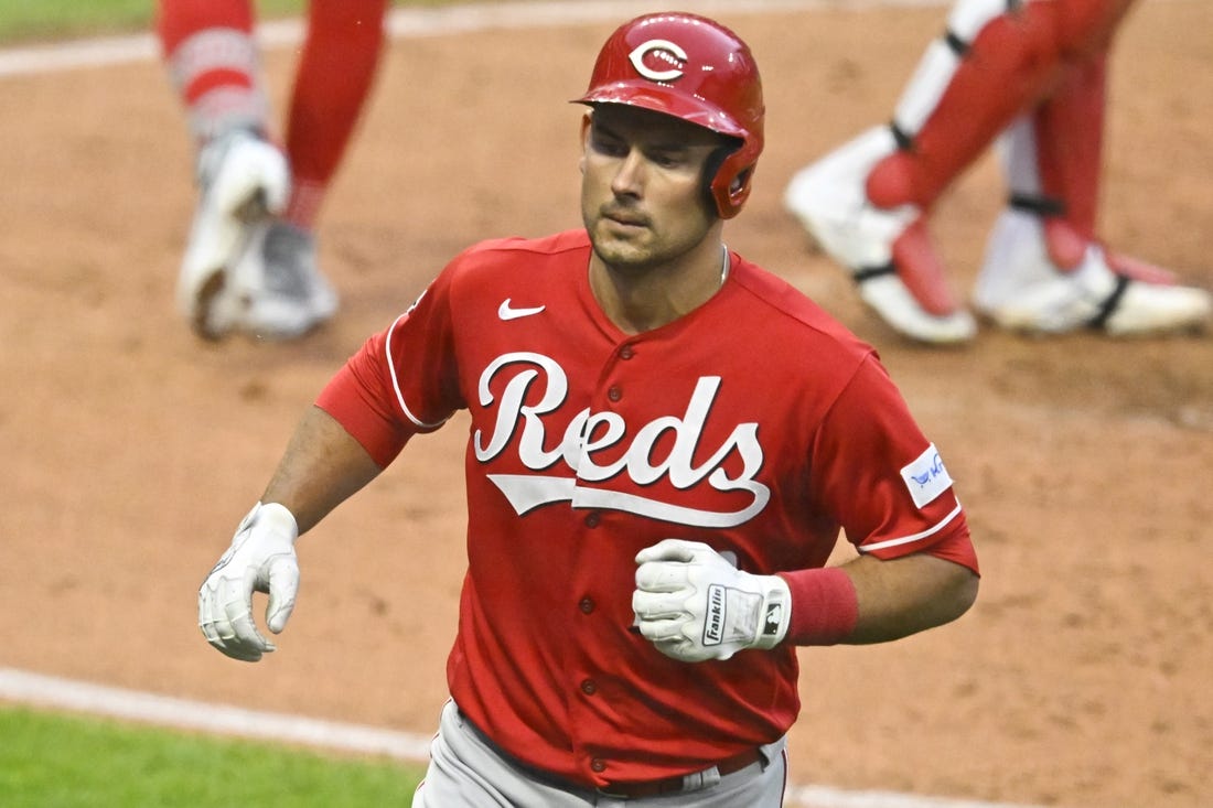 Sep 26, 2023; Cleveland, Ohio, USA; Cincinnati Reds catcher Luke Maile (22) celebrates his solo home run in the third inning against the Cleveland Guardians at Progressive Field. Mandatory Credit: David Richard-USA TODAY Sports