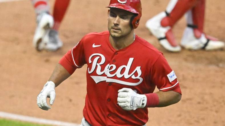 Sep 26, 2023; Cleveland, Ohio, USA; Cincinnati Reds catcher Luke Maile (22) celebrates his solo home run in the third inning against the Cleveland Guardians at Progressive Field. Mandatory Credit: David Richard-USA TODAY Sports