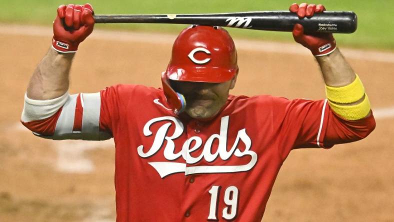 Sep 26, 2023; Cleveland, Ohio, USA; Cincinnati Reds designated hitter Joey Votto (19) reacts after striking out in the sixth inning against the Cleveland Guardians at Progressive Field. Mandatory Credit: David Richard-USA TODAY Sports