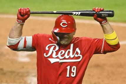 Sep 26, 2023; Cleveland, Ohio, USA; Cincinnati Reds designated hitter Joey Votto (19) reacts after striking out in the sixth inning against the Cleveland Guardians at Progressive Field. Mandatory Credit: David Richard-USA TODAY Sports