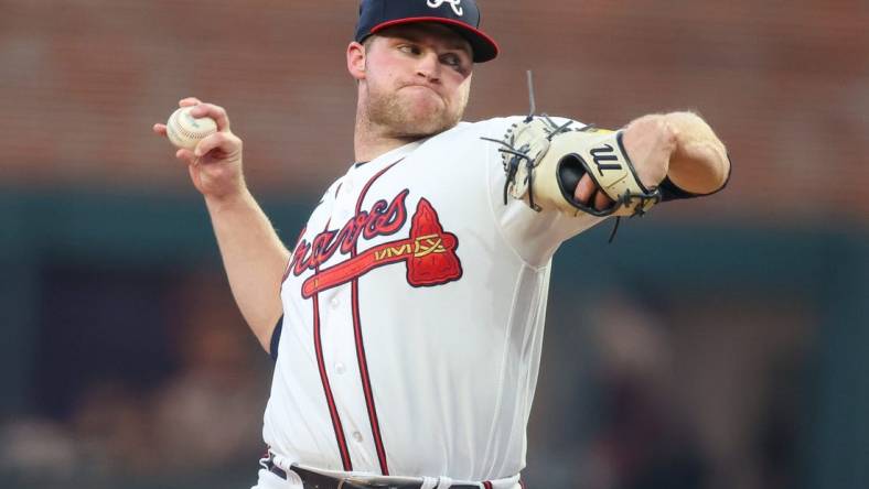 Sep 26, 2023; Atlanta, Georgia, USA; Atlanta Braves starting pitcher Bryce Elder (55) throws against the Chicago Cubs in the first inning at Truist Park. Mandatory Credit: Brett Davis-USA TODAY Sports