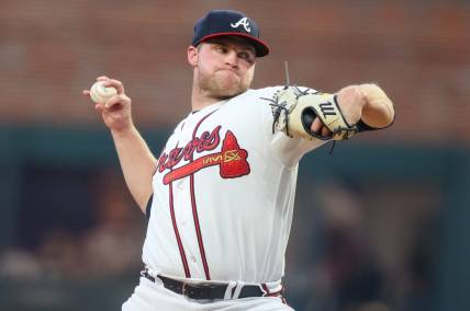Sep 26, 2023; Atlanta, Georgia, USA; Atlanta Braves starting pitcher Bryce Elder (55) throws against the Chicago Cubs in the first inning at Truist Park. Mandatory Credit: Brett Davis-USA TODAY Sports