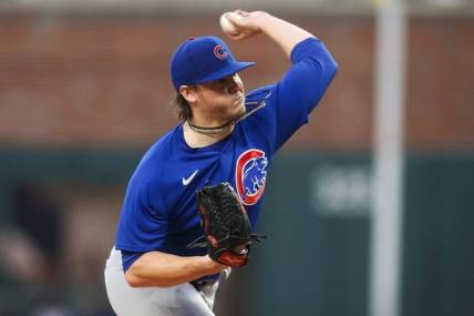 Sep 26, 2023; Atlanta, Georgia, USA; Chicago Cubs starting pitcher Justin Steele (35) throws against the Atlanta Braves in the first inning at Truist Park. Mandatory Credit: Brett Davis-USA TODAY Sports