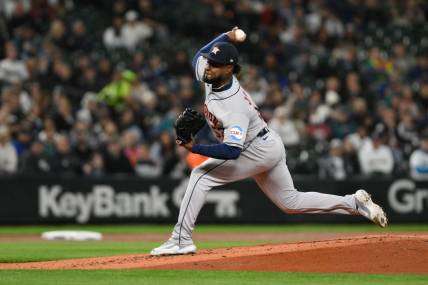 Sep 26, 2023; Seattle, Washington, USA; Houston Astros starting pitcher Cristian Javier (53) pitches to the Seattle Mariners during the first inning at T-Mobile Park. Mandatory Credit: Steven Bisig-USA TODAY Sports