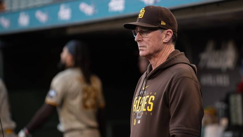 Sep 26, 2023; San Francisco, California, USA; San Diego Padres manager Bob Melvin (3) looks on before the game against the San Francisco Giants at Oracle Park. Mandatory Credit: Ed Szczepanski-USA TODAY Sports