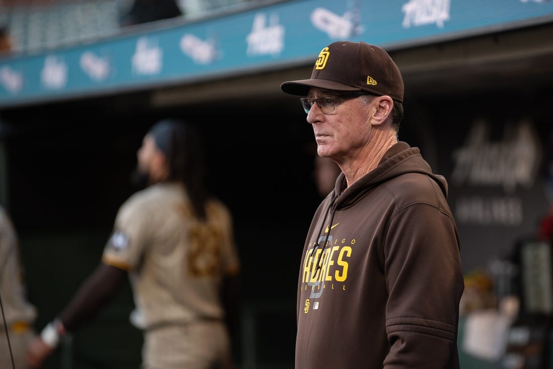 Sep 26, 2023; San Francisco, California, USA; San Diego Padres manager Bob Melvin (3) looks on before the game against the San Francisco Giants at Oracle Park. Mandatory Credit: Ed Szczepanski-USA TODAY Sports