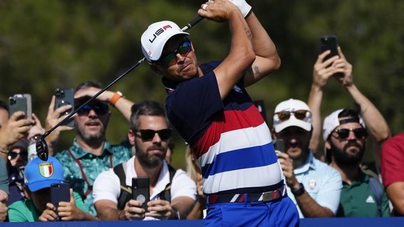 Sep 27, 2023; Rome, ITA; Team USA golfer Rickie Fowler tees off on six during a practice day for the Ryder Cup golf competition at Marco Simone Golf and Country Club. Mandatory Credit: Adam Cairns-USA TODAY Sports