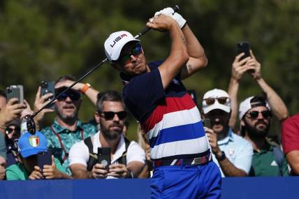 Sep 27, 2023; Rome, ITA; Team USA golfer Rickie Fowler tees off on six during a practice day for the Ryder Cup golf competition at Marco Simone Golf and Country Club. Mandatory Credit: Adam Cairns-USA TODAY Sports