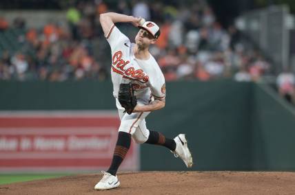 Sep 26, 2023; Baltimore, Maryland, USA;  Baltimore Orioles starting pitcher Kyle Bradish (39) throws a first inning pitch against the Washington Nationals at Oriole Park at Camden Yards. Mandatory Credit: Tommy Gilligan-USA TODAY Sports