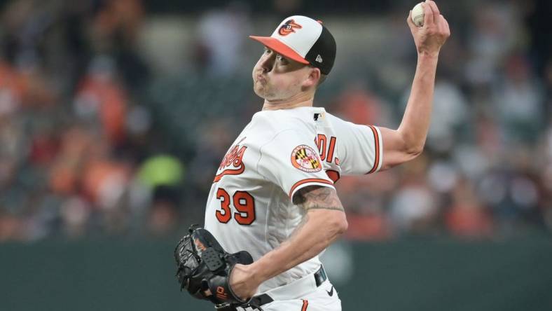 Sep 26, 2023; Baltimore, Maryland, USA;  Baltimore Orioles starting pitcher Kyle Bradish (39) throws a first inning pitch Washington Nationals at Oriole Park at Camden Yards. Mandatory Credit: Tommy Gilligan-USA TODAY Sports