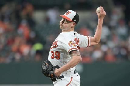 Sep 26, 2023; Baltimore, Maryland, USA;  Baltimore Orioles starting pitcher Kyle Bradish (39) throws a first inning pitch Washington Nationals at Oriole Park at Camden Yards. Mandatory Credit: Tommy Gilligan-USA TODAY Sports