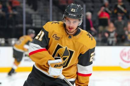 Sep 27, 2023; Las Vegas, Nevada, USA; Vegas Golden Knights center Brett Howden (21) warms up before a preseason game against the Los Angeles Kings at T-Mobile Arena. Mandatory Credit: Stephen R. Sylvanie-USA TODAY Sports