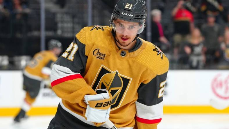 Sep 27, 2023; Las Vegas, Nevada, USA; Vegas Golden Knights center Brett Howden (21) warms up before a preseason game against the Los Angeles Kings at T-Mobile Arena. Mandatory Credit: Stephen R. Sylvanie-USA TODAY Sports