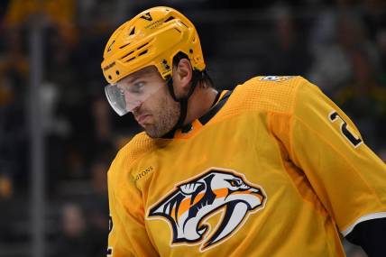 Sep 27, 2023; Nashville, Tennessee, USA; Nashville Predators defenseman Luke Schenn (2) after a play during the second period against the Tampa Bay Lightning at Bridgestone Arena. Mandatory Credit: Christopher Hanewinckel-USA TODAY Sports