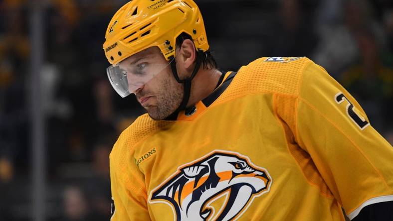 Sep 27, 2023; Nashville, Tennessee, USA; Nashville Predators defenseman Luke Schenn (2) after a play during the second period against the Tampa Bay Lightning at Bridgestone Arena. Mandatory Credit: Christopher Hanewinckel-USA TODAY Sports