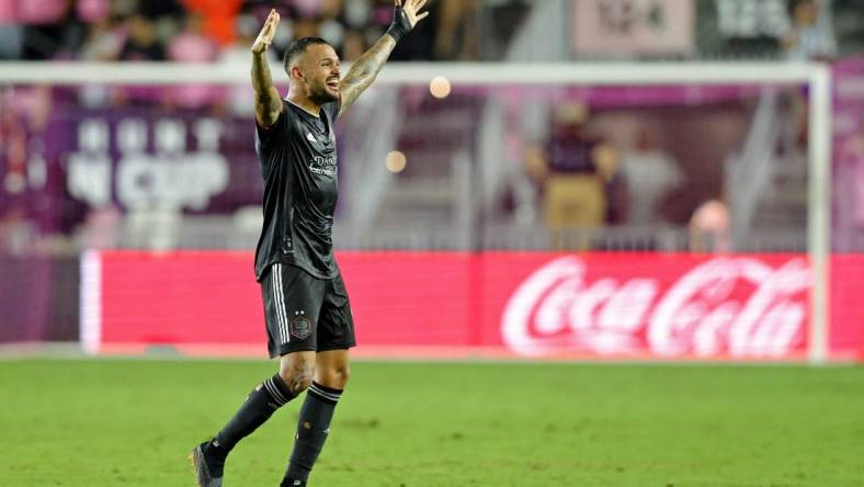 Sep 27, 2023; Fort Lauderdale, FL, USA; Houston Dynamo midfielder Artur (6) celebrates after winning the Lamar Hunt U.S. Open Cup Final against Inter Miami CF at DRV PNK Stadium. Mandatory Credit: Nathan Ray Seebeck-USA TODAY Sports