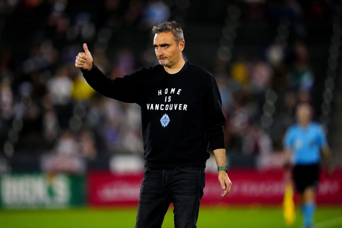 Sep 27, 2023; Commerce City, Colorado, USA; Vancouver Whitecaps FC head coach Vanni Sartini reacts in the first half against the Colorado Rapids at Dick's Sporting Goods Park. Mandatory Credit: Ron Chenoy-USA TODAY Sports