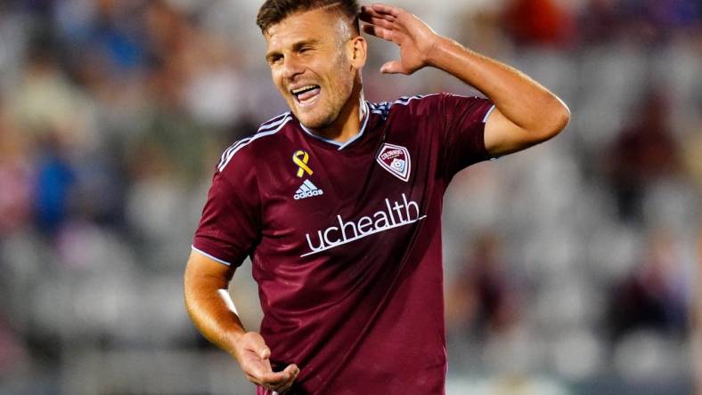 Sep 27, 2023; Commerce City, Colorado, USA; Colorado Rapids forward Diego Rubio (11) reacts in the first half against the Vancouver Whitecaps FC at Dick's Sporting Goods Park. Mandatory Credit: Ron Chenoy-USA TODAY Sports