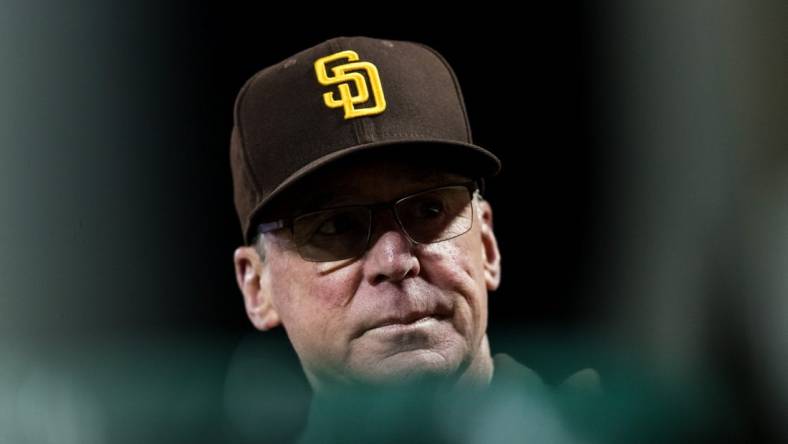 Sep 27, 2023; San Francisco, California, USA; San Diego Padres manager Bob Melvin (3) watches the game against the San Francisco Giants during the seventh inning at Oracle Park. Mandatory Credit: John Hefti-USA TODAY Sports