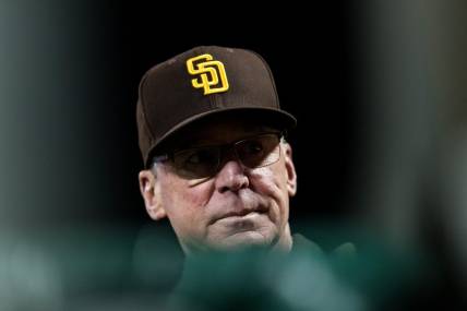 Sep 27, 2023; San Francisco, California, USA; San Diego Padres manager Bob Melvin (3) watches the game against the San Francisco Giants during the seventh inning at Oracle Park. Mandatory Credit: John Hefti-USA TODAY Sports