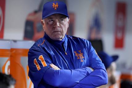Sep 28, 2023; New York City, New York, USA; New York Mets manager Buck Showalter (11) looks on from the dugout before a game against the Miami Marlins at Citi Field. Mandatory Credit: Brad Penner-USA TODAY Sports