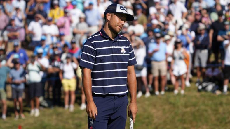 Sep 29, 2023; Rome, ITA; Team USA golfer Xander Schauffele reacts to his missed putt on the seventeenth green during day one foursomes round for the 44th Ryder Cup golf competition at Marco Simone Golf and Country Club. Mandatory Credit: Adam Cairns-USA TODAY Sports