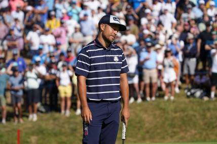 Sep 29, 2023; Rome, ITA; Team USA golfer Xander Schauffele reacts to his missed putt on the seventeenth green during day one foursomes round for the 44th Ryder Cup golf competition at Marco Simone Golf and Country Club. Mandatory Credit: Adam Cairns-USA TODAY Sports