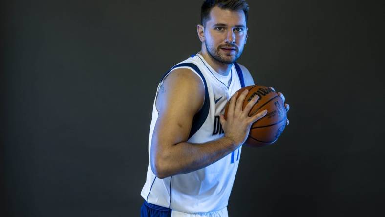 Sep 29, 2023; Dallas, TX, USA; Dallas Mavericks guard Luka Doncic (77) poses for a photo during the Mavs Media Day at the American Airlines Center. Mandatory Credit: Jerome Miron-USA TODAY Sports