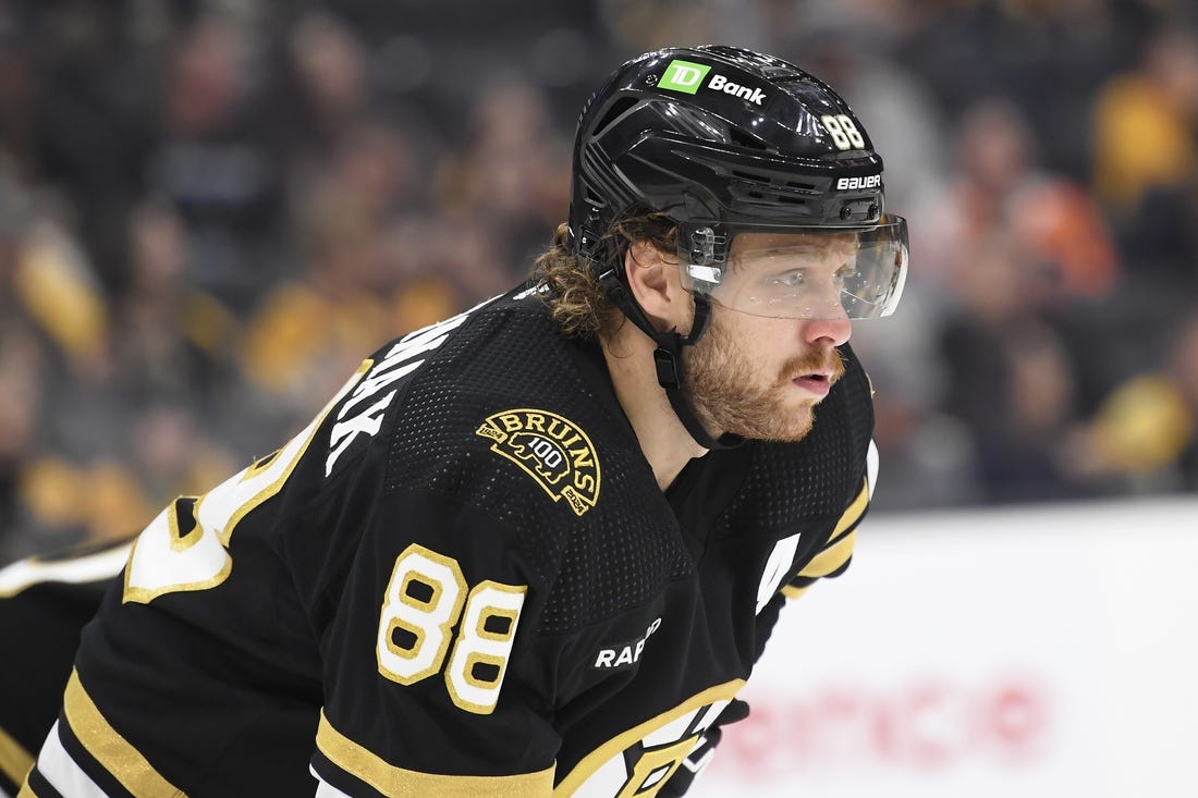 Sep 29, 2023; Boston, Massachusetts, USA;  Boston Bruins right wing David Pastrnak (88) gets ready for a face-off during the second period against the Philadelphia Flyers at TD Garden. Mandatory Credit: Bob DeChiara-USA TODAY Sports